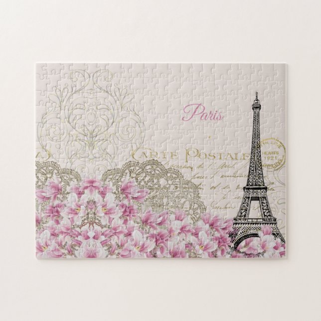 Eiffel Torn, Paris Rosa Magnolia Pussel (Horisontell)