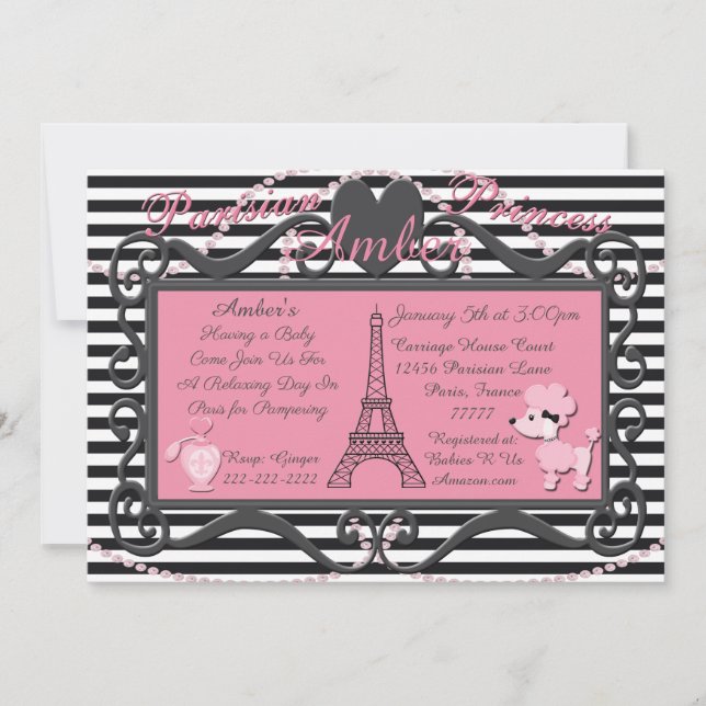 Eiffel Torn Paris Rosa Pudel Baby Shower Inbjudan (Framsida)