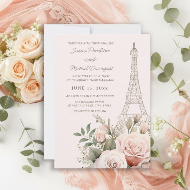 Eiffel Torn Paris Rosa ros Bröllop Inbjudningar (Eiffel Tower Pink Roses wedding invitation)