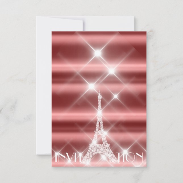 Eiffel Torn Paris Sparkly Stars Burgundy Diamond Inbjudningar (Framsida)