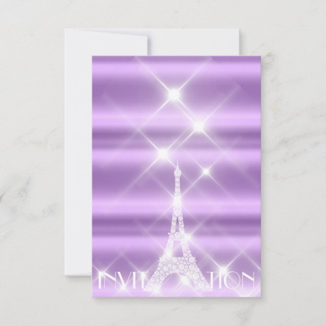 Eiffel Torn Paris Sparkly Stars Lila Diamond Inbjudningar (Framsida)