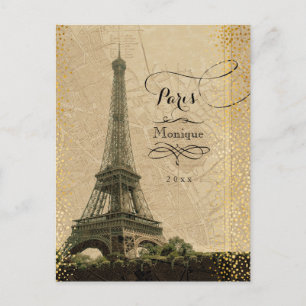 Eiffel Torn Paris Vintage Karta Guld,, Dots Monogr Vykort