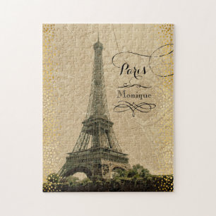 Eiffel Torn Paris Vintage Karta Monogram Namn Pussel
