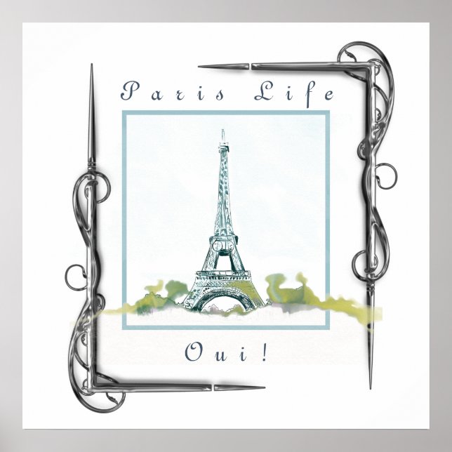 Eiffel Torn Paris Watercolor Victorian Gräns Poster (Framsidan)