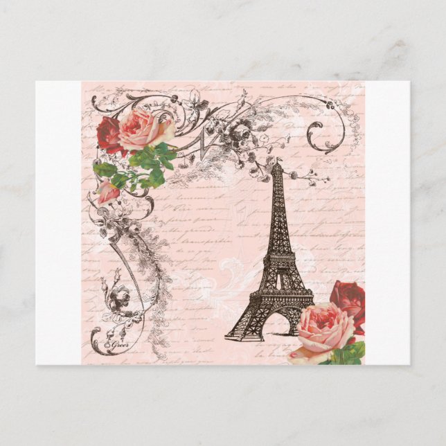 Eiffel Torn Red & Rosa ros Vykort (Framsida)