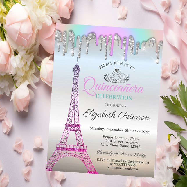 Eiffel Torn,Regnborrningar Silver Quinceañera Inbjudningar (Skapare uppladdad)
