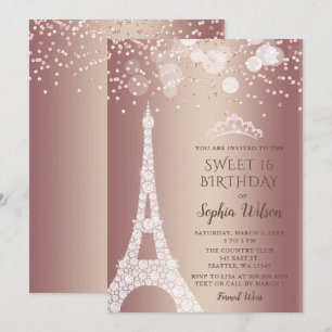 Eiffel Torn Ro Guld Gnistra Glitter Sweet 16 Inbjudningar