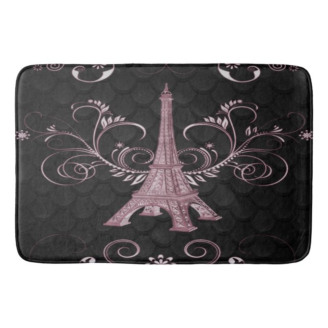 Eiffel Torn Rosa Blommigt Swirls Bath Mat Badrumsmatta (Framsidan)