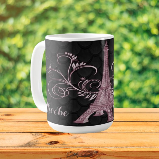 Eiffel Torn Rosa Blommigt Swirls Kaffemugg (Pink Eiffel Tower Floral Swirls Coffee Mug)