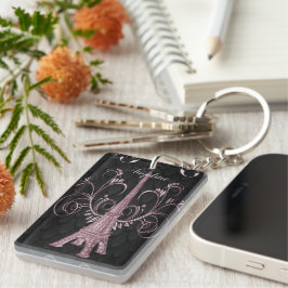 Eiffel Torn Rosa  Blommigt Swirls Keychain