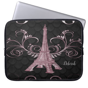 Eiffel Torn Rosa Blommigt Swirls Laptop sleeve