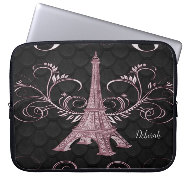 Eiffel Torn Rosa Blommigt Swirls Laptop sleeve (Framsidan)