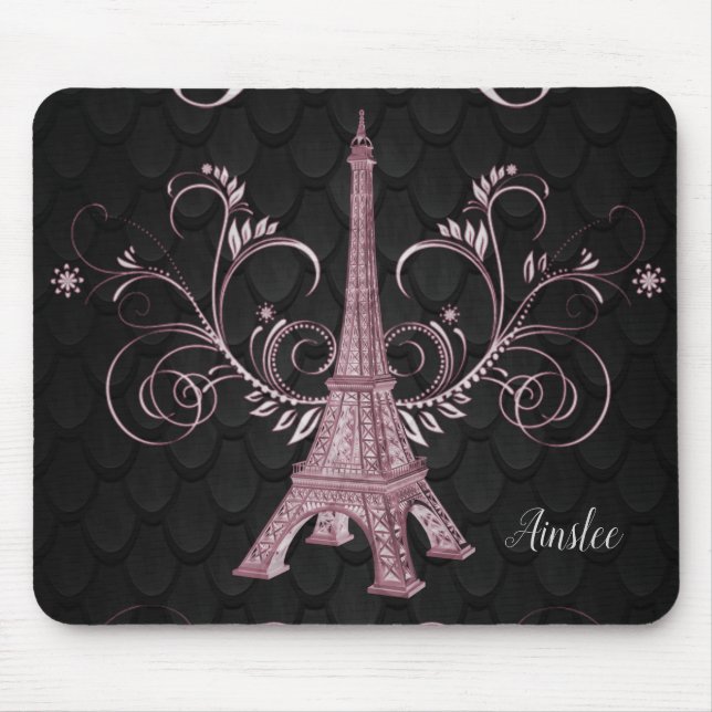 Eiffel Torn Rosa  Blommigt Swirls Mouse Pad Musmatta (Framsidan)