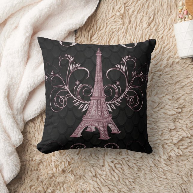 Eiffel Torn Rosa Blommigt Swirls Pillow Kudde (Filt)