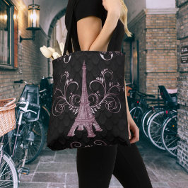 Eiffel Torn Rosa Blommigt Swirls Tote Bag Tygkasse