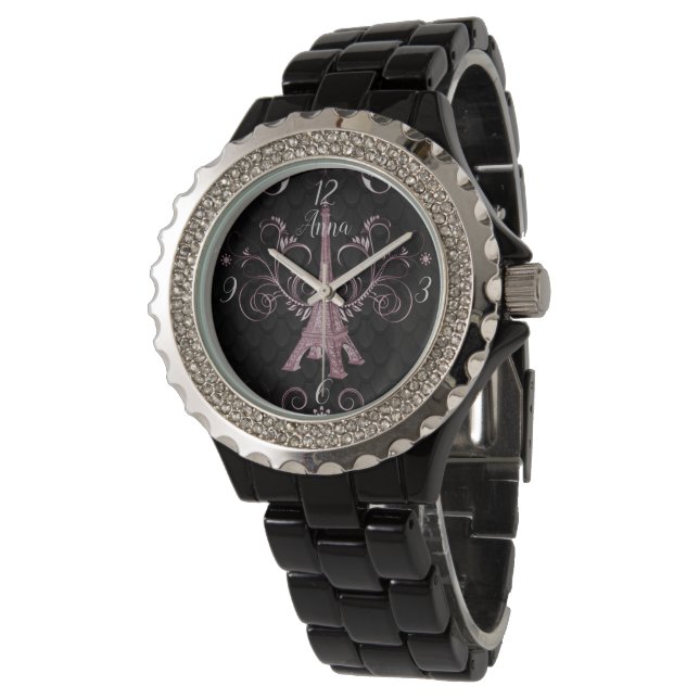 Eiffel Torn Rosa Blommigt  Swirls Watch Armbandsur (Vinklad)