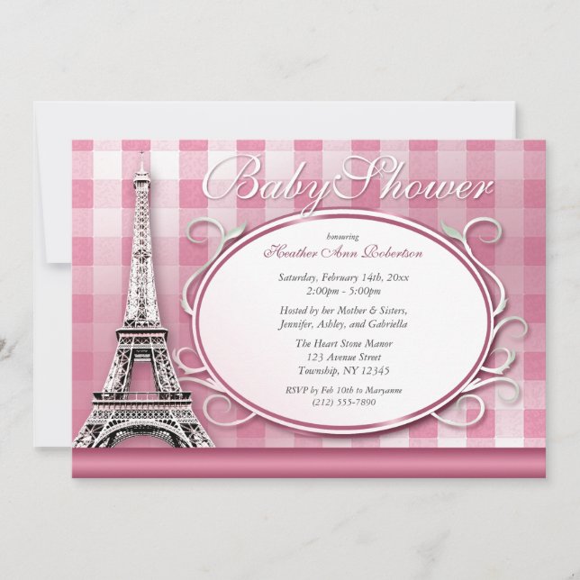 Eiffel Torn Rosa Gingham Parisian Baby Shower Inbjudningar (Framsida)