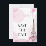 Eiffel Torn Rosa Paris Sweet 16 Spara Datumet<br><div class="desc">Anpassa den här eleganten Paristemat Sparade datumkortet för din egen händelse. Kortet har en vattenfärgad illustration av Eiffel Torn på båda sidor och är dekorerat med rosa bokeh och parisisk fras "ooh la la!". Texten på framsidan lyder helt enkelt "Spara datum" och all information om anpassningsbarna finns på baksidan. Provformuleringen...</div>