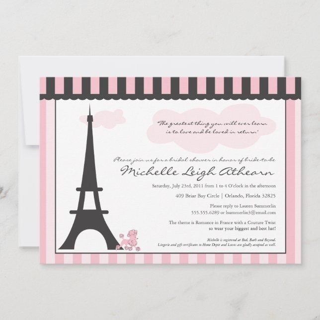 Eiffel Torn & Rosa Pudel Möhippa Inbjudningar (Framsida)