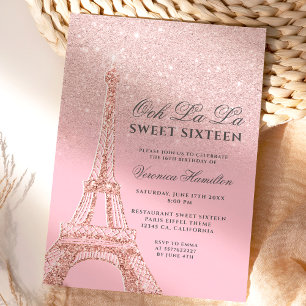 Eiffel torn rosa ros guld glitter Sverige 16 Inbjudningar