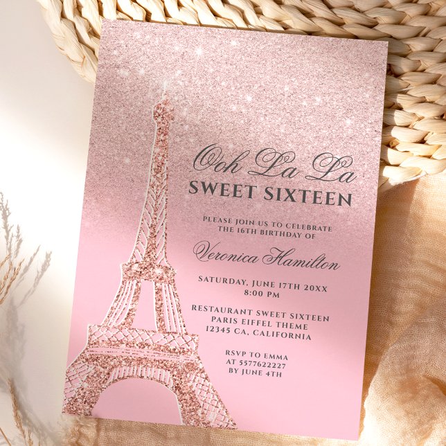 Eiffel torn rosa ros guld glitter Sverige 16 Inbjudningar (Skapare uppladdad)