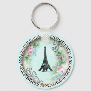 Eiffel Torn Rosa ros och Zebra tryck Nyckelring