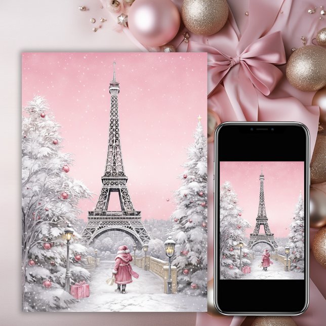 Eiffel Torn, Santa, Paris Chic Rosa jul Helgkort (Skapare uppladdad)