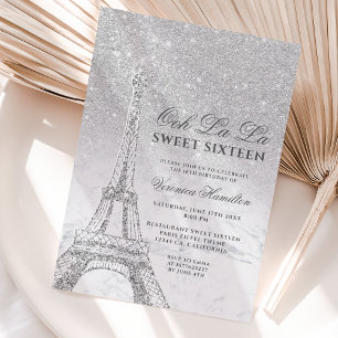Eiffel torn silver glitter marble Sweet 16 Inbjudningar