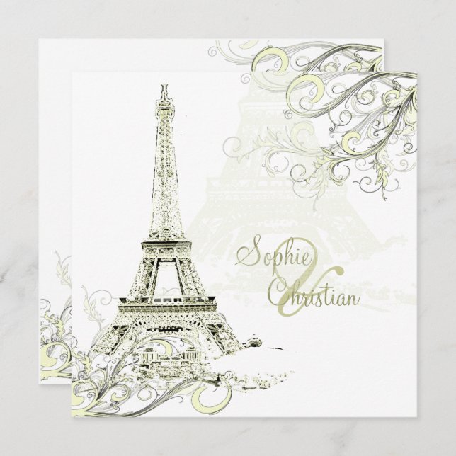 EIFFEL TORN/SWIRLS/Luxe Champagne Papprare Inbjudningar (Fram/baksida)