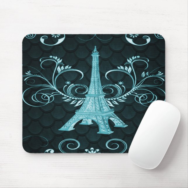 Eiffel Torn Teal Blommigt Swirl Musmatta (Med mus)