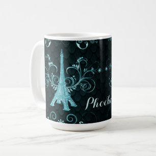 Eiffel Torn Teal Blommigt Swirls Kaffemugg