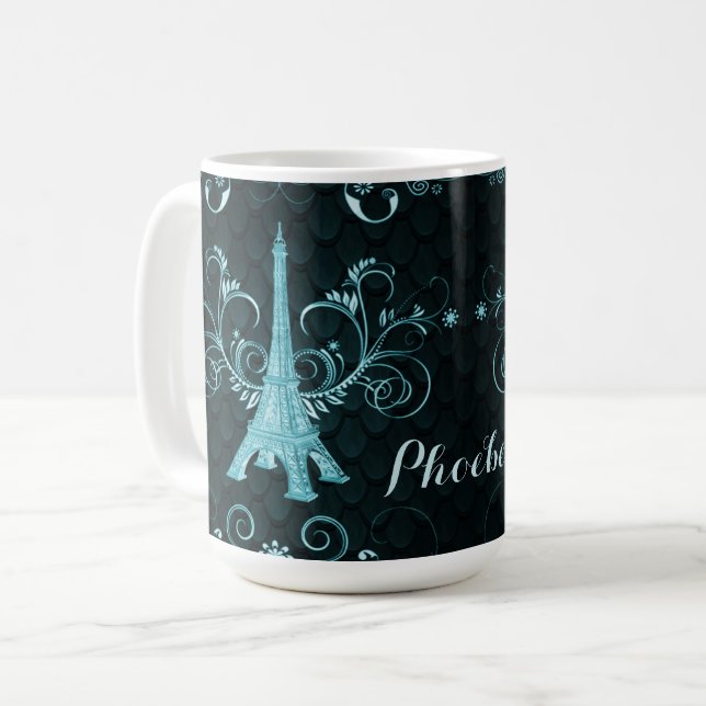 Eiffel Torn Teal Blommigt Swirls Kaffemugg (Framsida vänster)