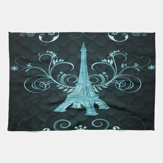 Eiffel Torn Teal Blommigt Swirls Kitchen Towel Kökshandduk (Horisontell)