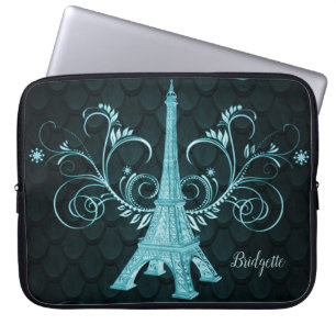 Eiffel Torn Teal Blommigt Swirls Laptop Fodral