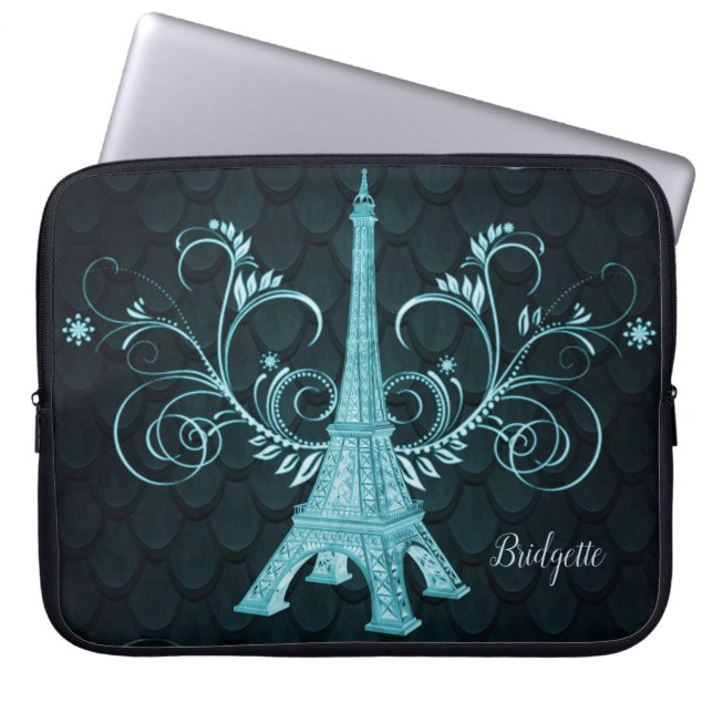 Eiffel Torn Teal Blommigt Swirls Laptop Fodral (Framsidan)