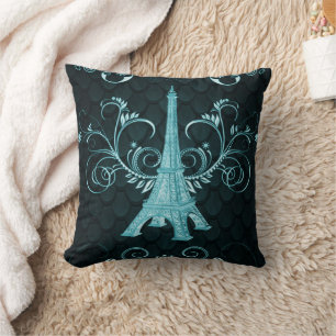 Eiffel Torn Teal Blommigt Swirls Pillow Kudde