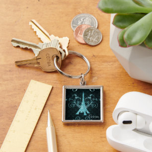 Eiffel Torn Teal Blommigt Swirls Square Keychain Fyrkantig Silverfärgad Nyckelring