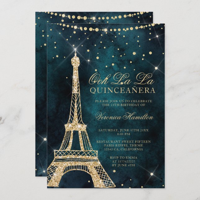 Eiffel torn teal guld glitter gnistra quinceanera inbjudningar (Fram/baksida)