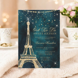 Eiffel torn teal guld glitter gnistra Sweet 16 Inbjudningar