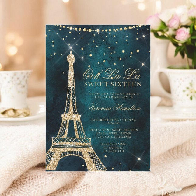 Eiffel torn teal guld glitter gnistra Sweet 16 Inbjudningar (Eiffel tower teal gold glitter sparkle Sweet 16 Invitation)