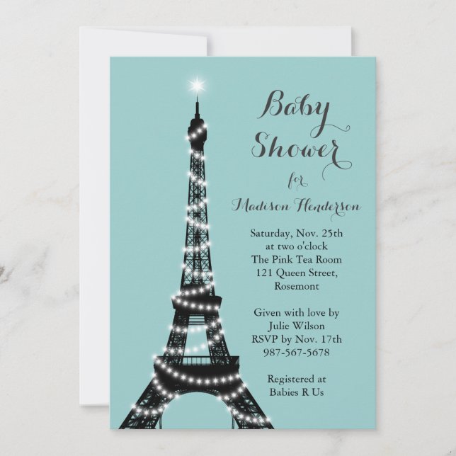 Eiffel Torn Twinkles Baby Shower-inbjudan Inbjudningar (Framsida)