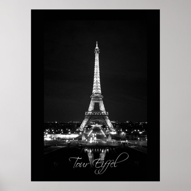 Eiffel Torn vid Nattens B&W-Poster Poster (Framsidan)
