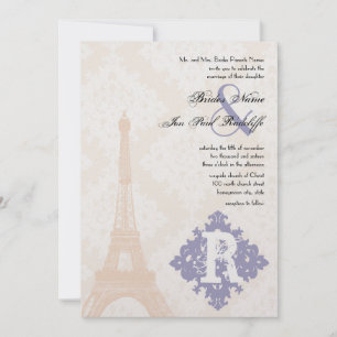 Eiffel Torn Vintage Damask Silver Peony Lavender Inbjudningar