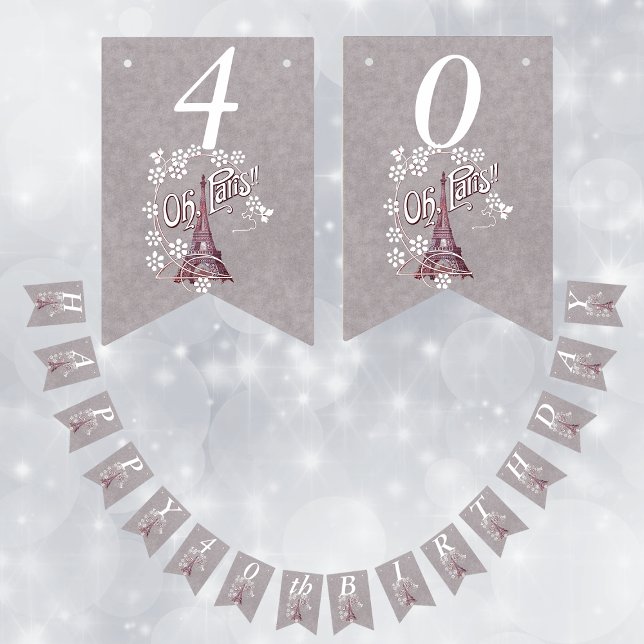 Eiffel Torn White Daisy Flowers Grått Birthday Vimplar (Eiffel tower in France white daisy flowers Oh Paris on grey Happy Birthday banner.)