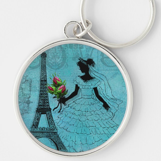 Eiffel tornbrud Keychain Rund Silverfärgad Nyckelring (Framsidan)