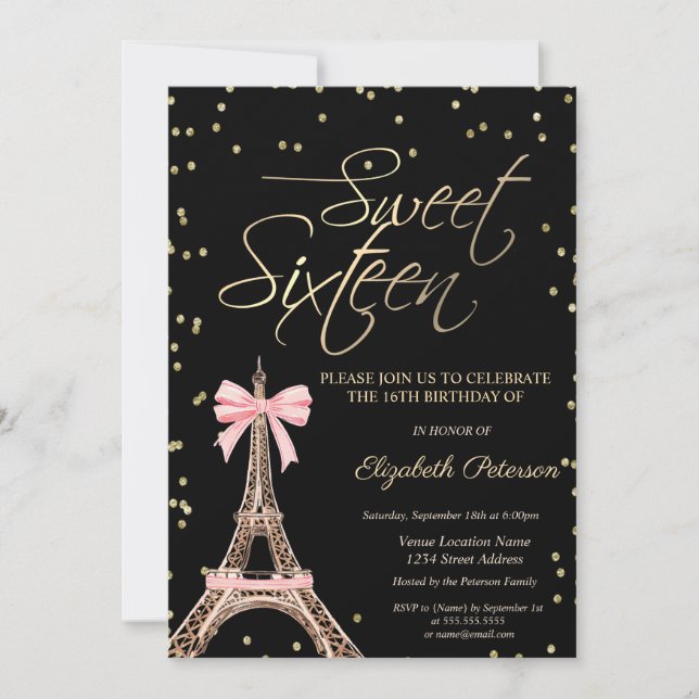 Eiffel Tower Bow Gold Diamonds Black Sweet 16  Inbjudningar (Framsida)