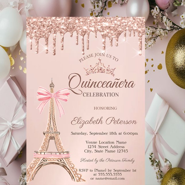  Eiffel Tower,Bow Rose Gold Drips Quinceañera  Inbjudningar (Skapare uppladdad)