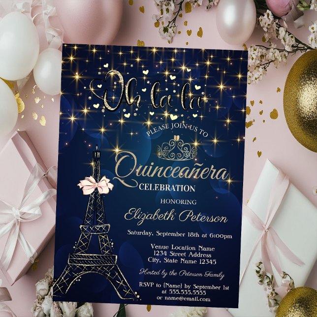 Eiffel Tower,Bow Tiara,Stars Navy Blue Quinceañera Inbjudningar (Skapare uppladdad)