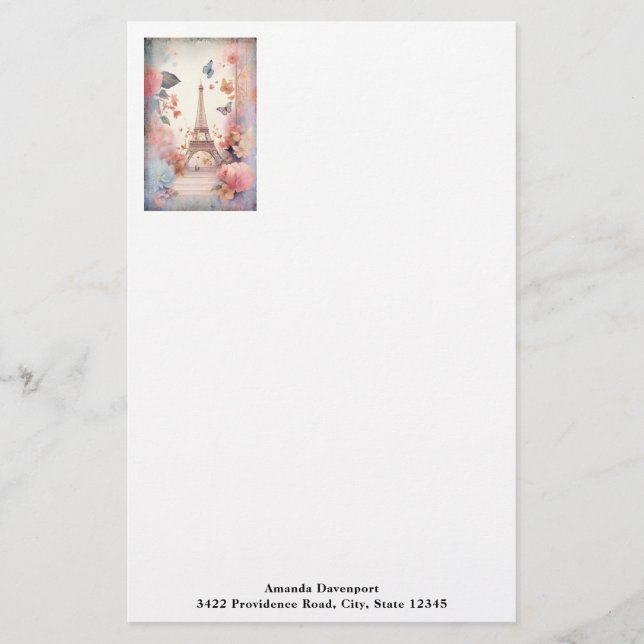 Eiffel Tower Butterflies and Flowers Brevpapper (Framsida)
