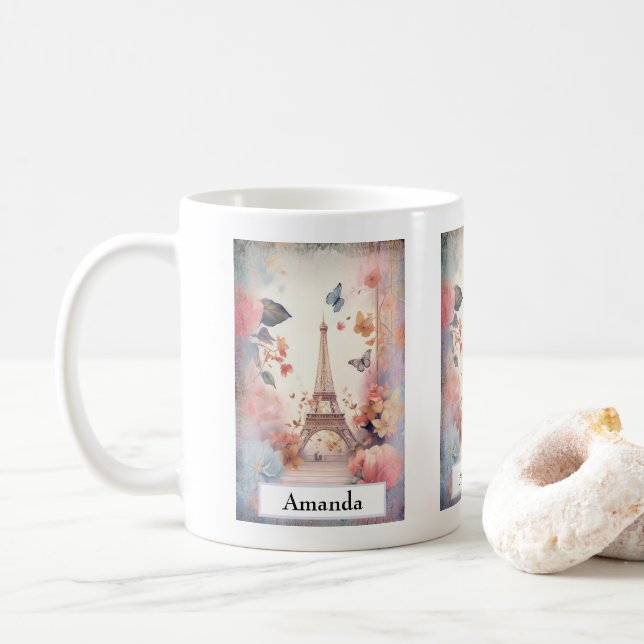 Eiffel Tower Butterflies and Flowers Kaffemugg (Med munk)